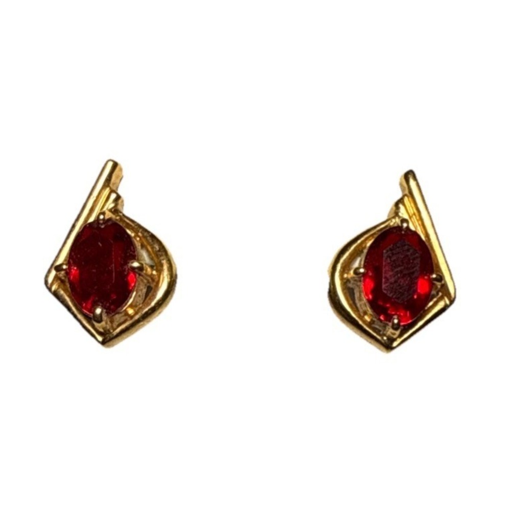 Vintage Ruby Red Rhinestone and Gold Tone Abstract Stud Earrings J17-42